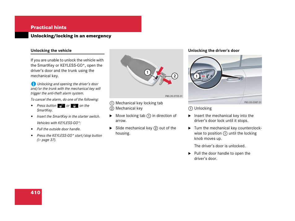 Unlocking/locking the vehicle, Unlocking/locking in an emergency, Unlocking the vehicle | S door, Er’s door, 410 practical hints | Mercedes-Benz CLK-Class 2007 Owners Manual User Manual | Page 411 / 505