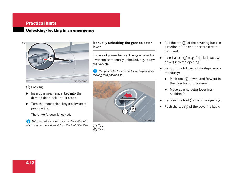 Manually unlocking the gear selector lever | Mercedes-Benz CLK-Class 2007 Owners Manual User Manual | Page 413 / 505