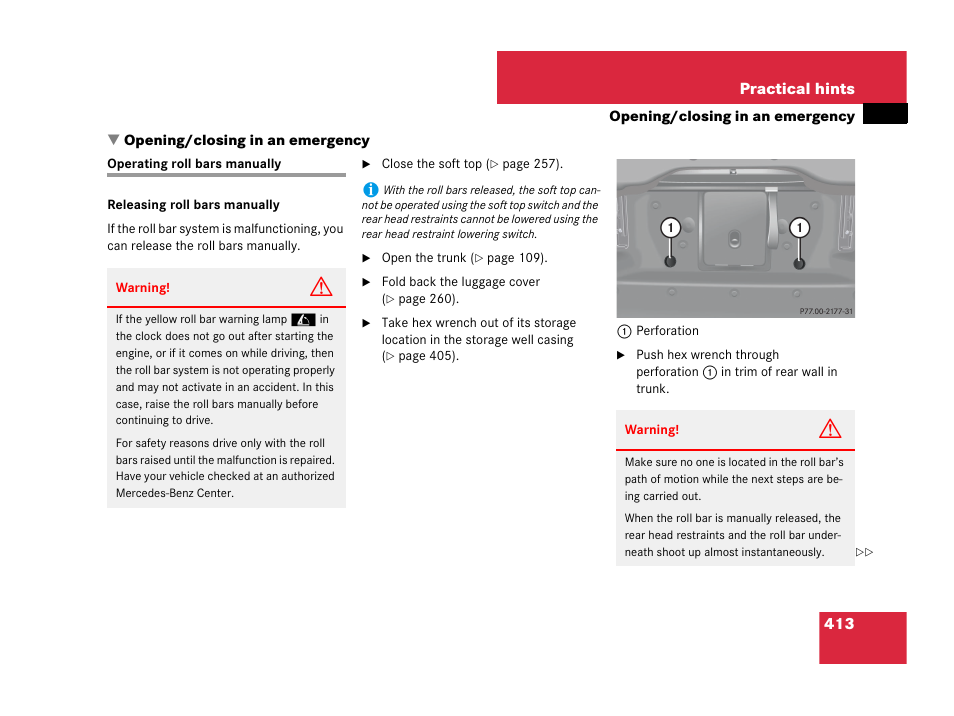 Opening/closing in an emergency, Operating roll bars manually, To drive | Bars | Mercedes-Benz CLK-Class 2007 Owners Manual User Manual | Page 414 / 505