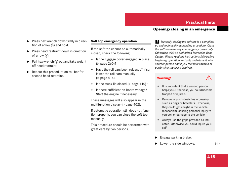 Soft top emergency operation, 415 practical hints | Mercedes-Benz CLK-Class 2007 Owners Manual User Manual | Page 416 / 505