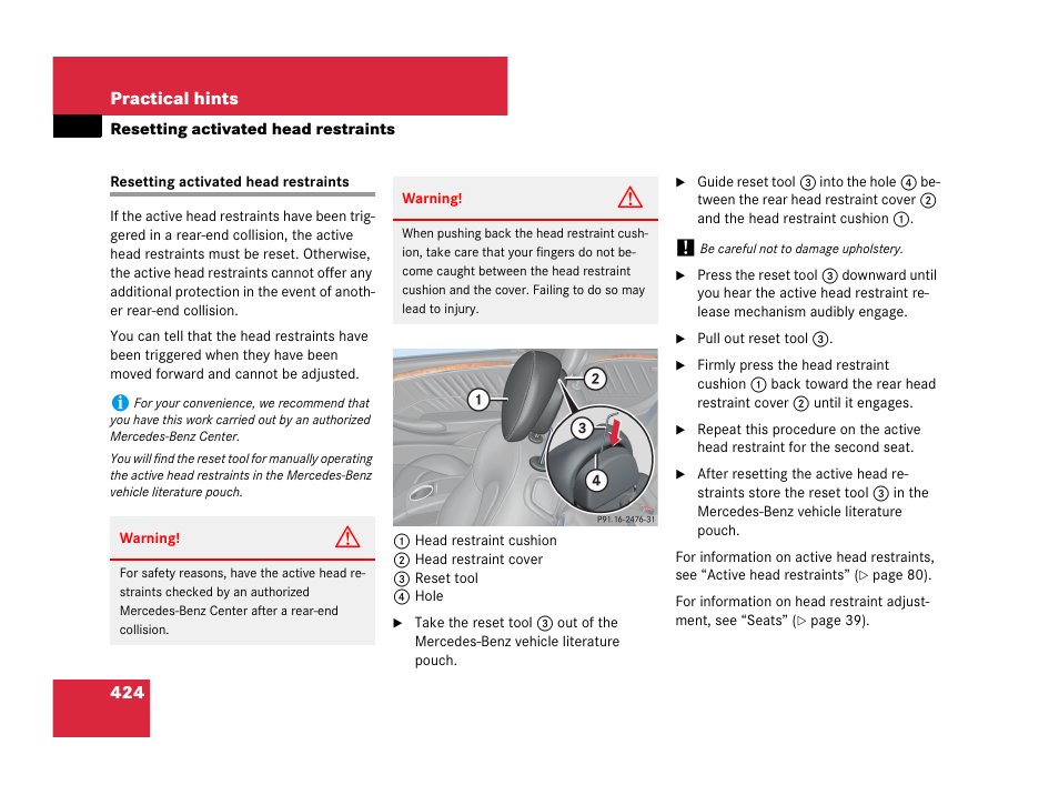 Resetting activated head restraints, Ts, see “resetting acti- vated head restraints | Mercedes-Benz CLK-Class 2007 Owners Manual User Manual | Page 425 / 505