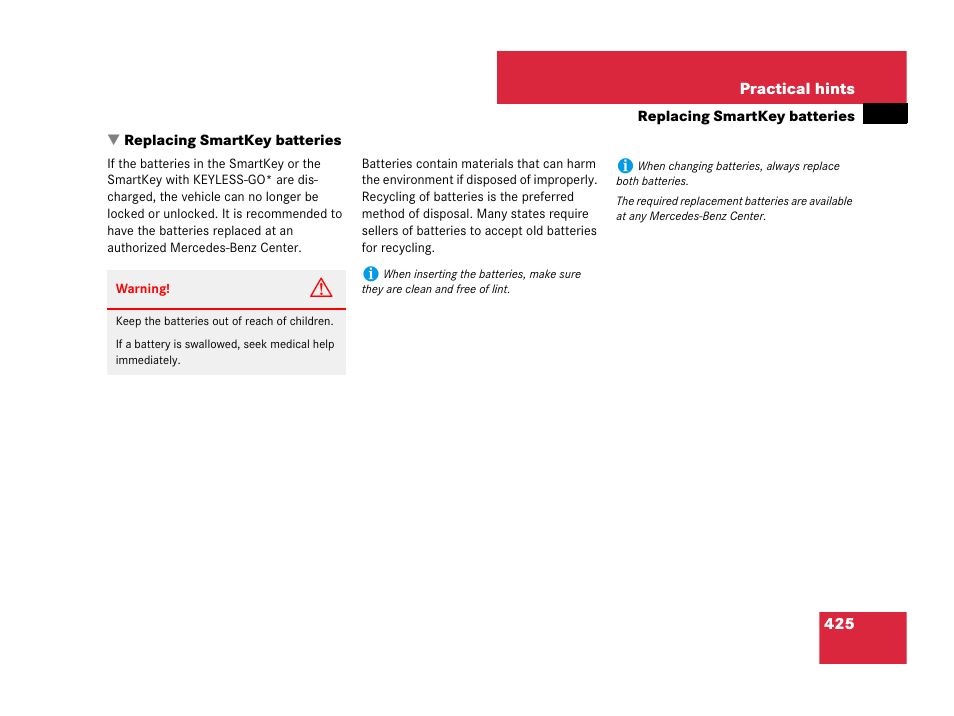Replacing smartkey batteries | Mercedes-Benz CLK-Class 2007 Owners Manual User Manual | Page 426 / 505