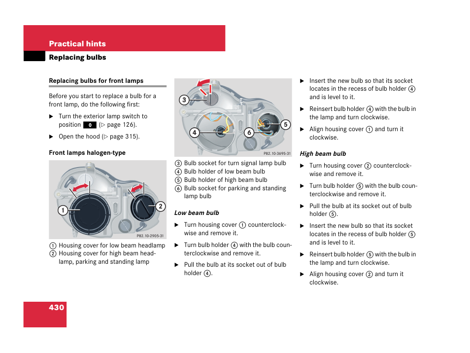 Replacing bulbs for front lamps | Mercedes-Benz CLK-Class 2007 Owners Manual User Manual | Page 431 / 505