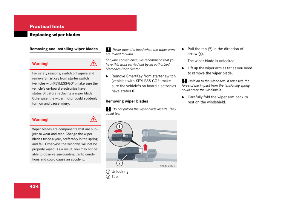 Replacing wiper blades, Removing and installing wiper blades | Mercedes-Benz CLK-Class 2007 Owners Manual User Manual | Page 435 / 505