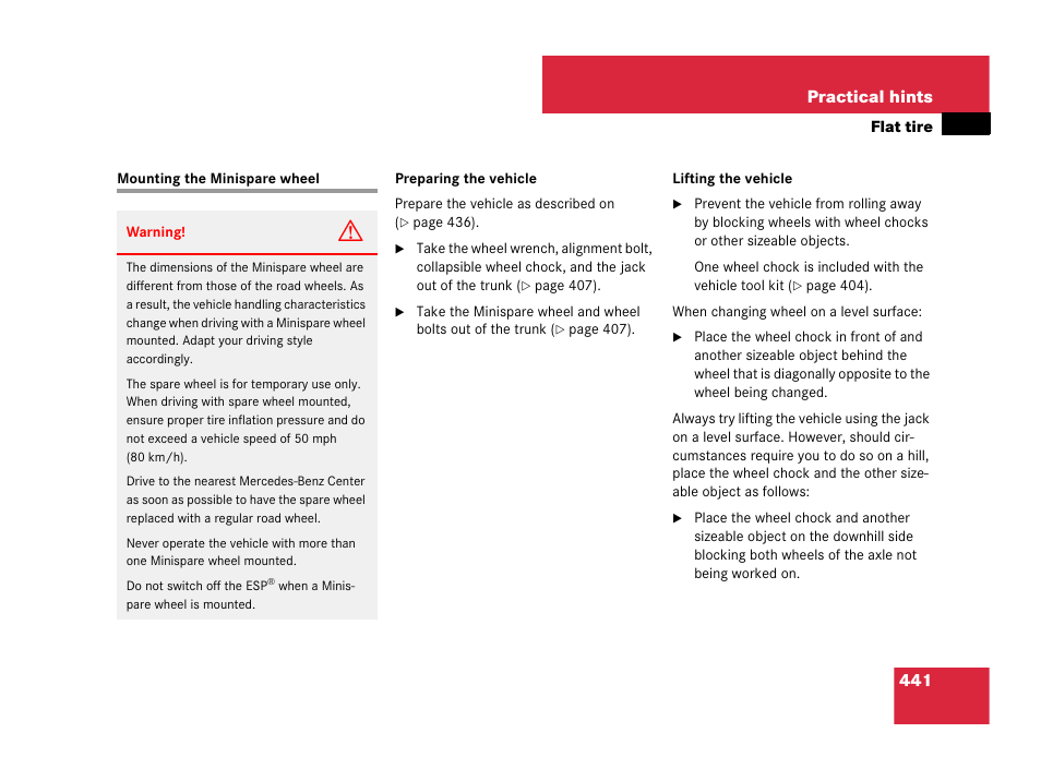 Mounting the minispare wheel, Ging a wheel, see “lift- ing the vehicle, 441 practical hints | Mercedes-Benz CLK-Class 2007 Owners Manual User Manual | Page 442 / 505