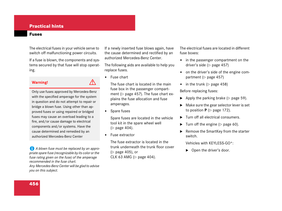 Fuses, 456 practical hints | Mercedes-Benz CLK-Class 2007 Owners Manual User Manual | Page 457 / 505
