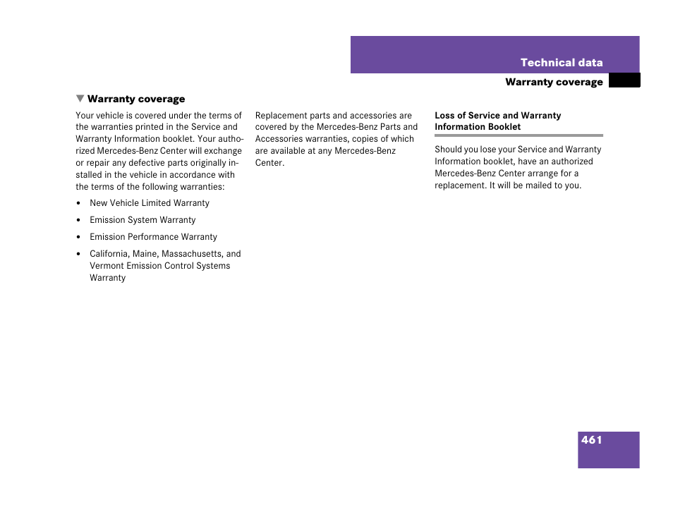 Warranty coverage, Loss of service and warranty information booklet | Mercedes-Benz CLK-Class 2007 Owners Manual User Manual | Page 462 / 505