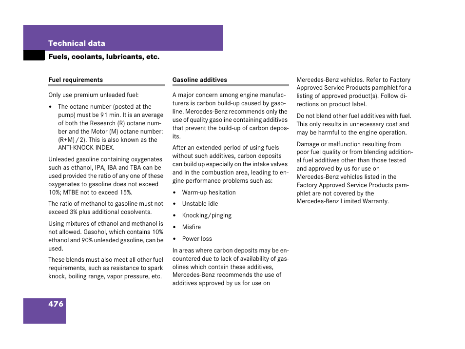 Fuel requirements gasoline additives | Mercedes-Benz CLK-Class 2007 Owners Manual User Manual | Page 477 / 505