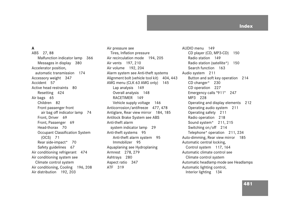 Index | Mercedes-Benz CLK-Class 2007 Owners Manual User Manual | Page 482 / 505