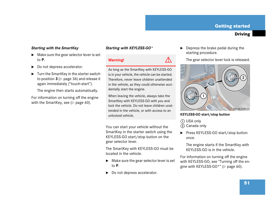 Ey, see “starting with the smartkey, See “starting with keyless-go | Mercedes-Benz CLK-Class 2007 Owners Manual User Manual | Page 52 / 505