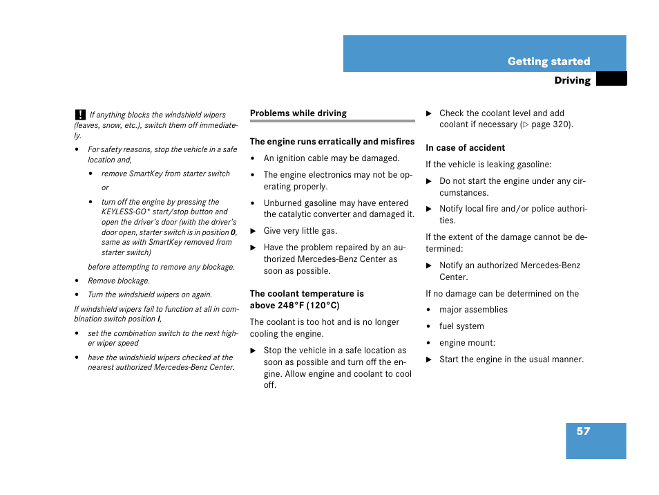 Problems while driving, 57 getting started | Mercedes-Benz CLK-Class 2007 Owners Manual User Manual | Page 58 / 505