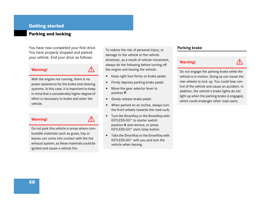 Parking and locking, Parking brake | Mercedes-Benz CLK-Class 2007 Owners Manual User Manual | Page 59 / 505