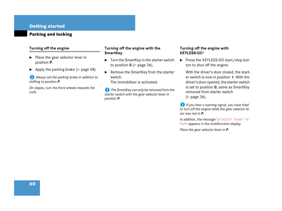 Turning off the engine, The smartkey, see, See “turning off the en- gine with keyless-go | Mercedes-Benz CLK-Class 2007 Owners Manual User Manual | Page 61 / 505