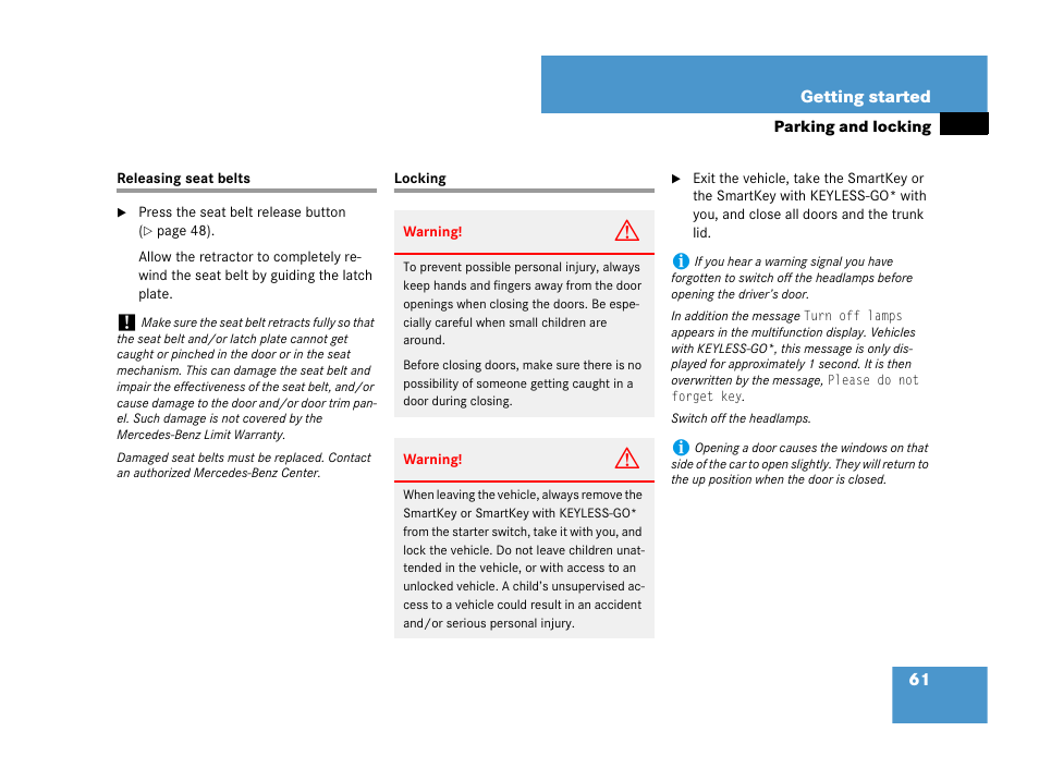 Releasing seat belts locking | Mercedes-Benz CLK-Class 2007 Owners Manual User Manual | Page 62 / 505