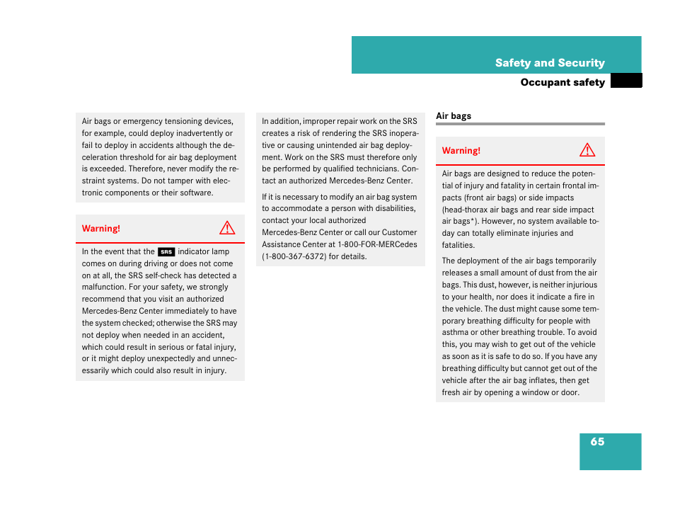 Air bags, 65 safety and security | Mercedes-Benz CLK-Class 2007 Owners Manual User Manual | Page 66 / 505