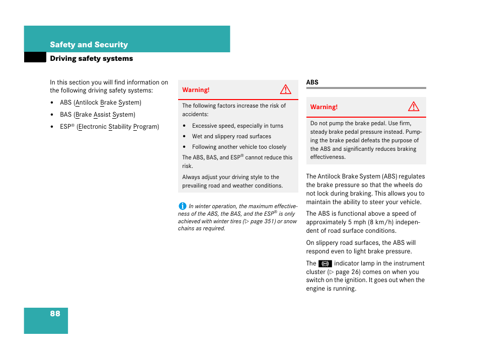 Driving safety systems, 88 safety and security | Mercedes-Benz CLK-Class 2007 Owners Manual User Manual | Page 89 / 505