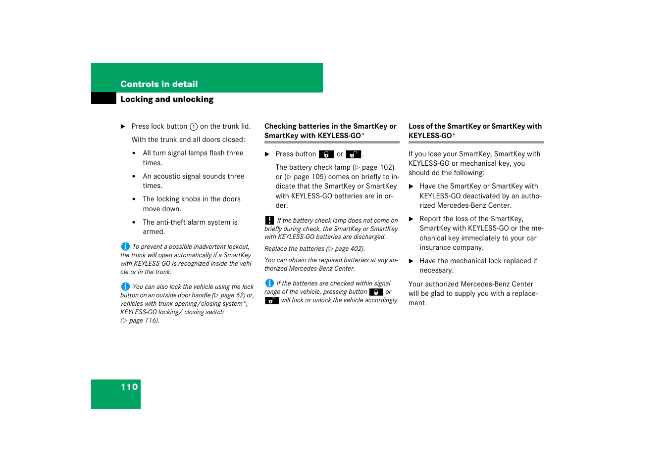 Key, smartkey with keylessgo*:loss of | Mercedes-Benz CLS-Class 2007 Owners Manual User Manual | Page 111 / 481