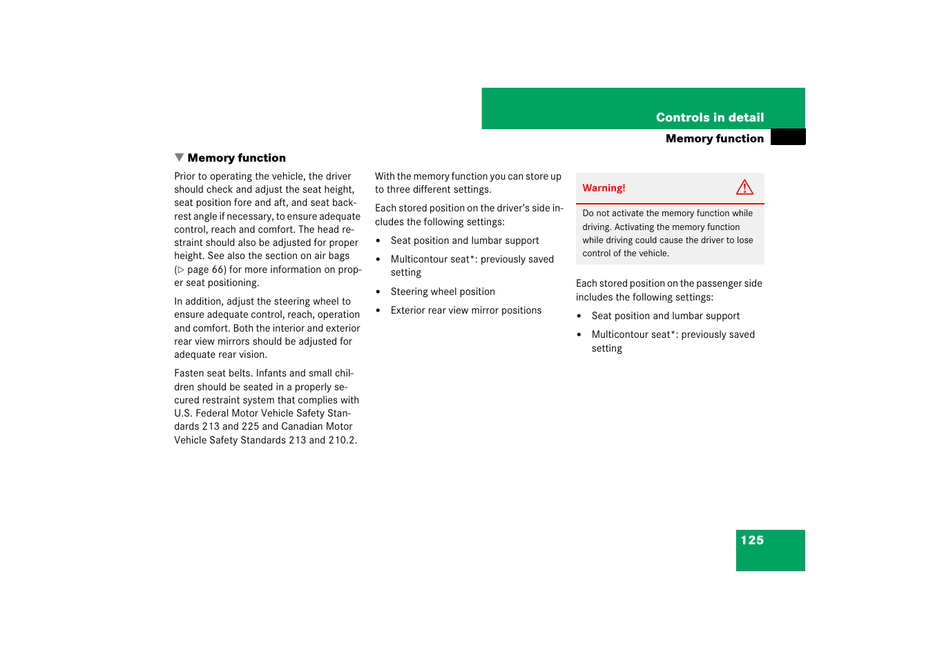 Memory functions, Memory function, Tion | Mercedes-Benz CLS-Class 2007 Owners Manual User Manual | Page 126 / 481