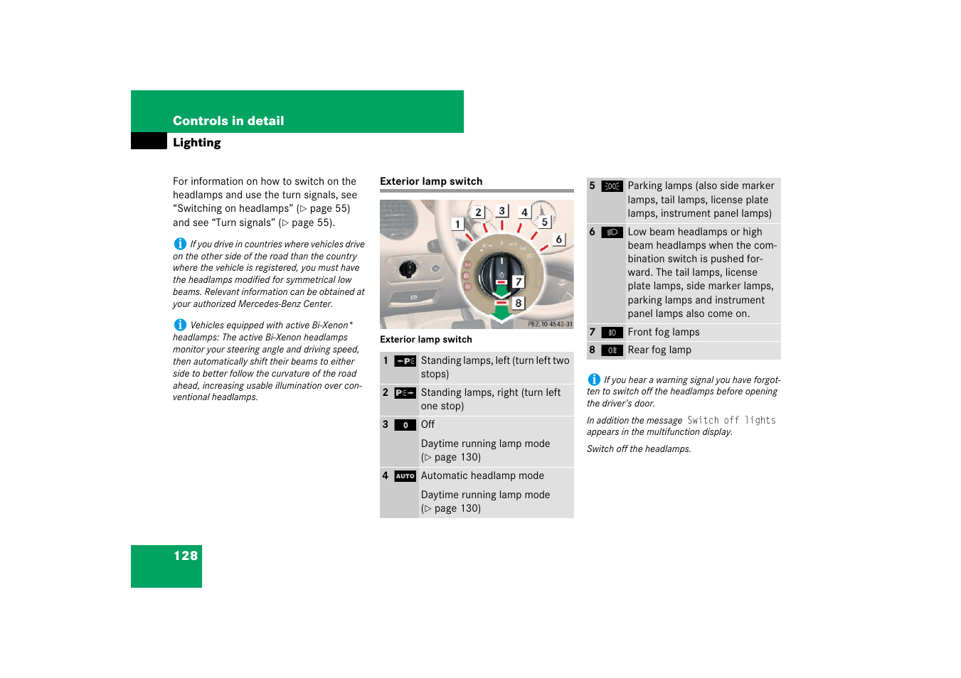 Lighting, Exterior lamp switch, On on headlamps, see “lighting | See “lighting | Mercedes-Benz CLS-Class 2007 Owners Manual User Manual | Page 129 / 481