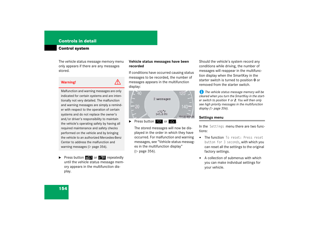 Control system menus:settings, Settings menu | Mercedes-Benz CLS-Class 2007 Owners Manual User Manual | Page 155 / 481