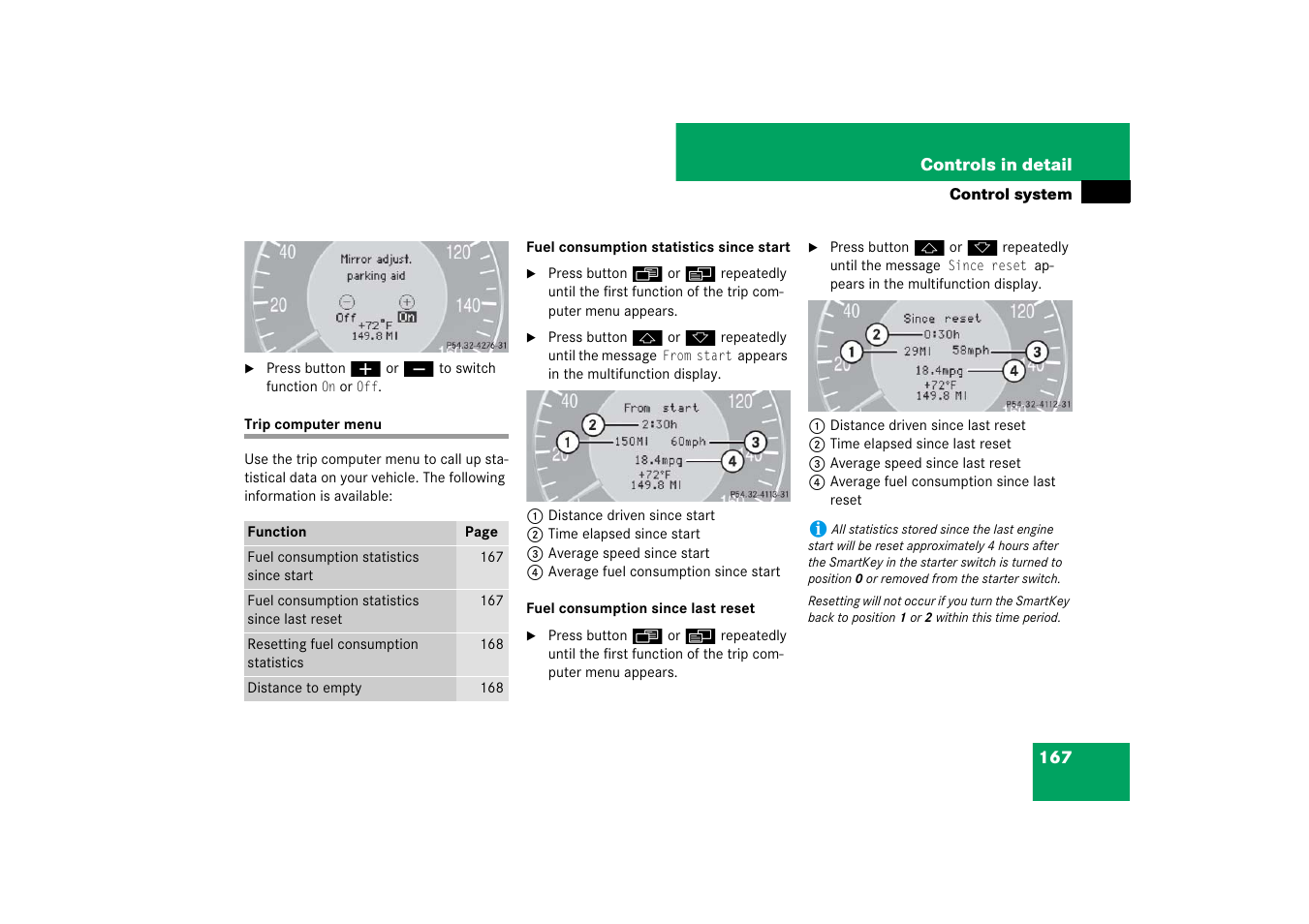 Control system menus:trip computer, Trip computer menu | Mercedes-Benz CLS-Class 2007 Owners Manual User Manual | Page 168 / 481