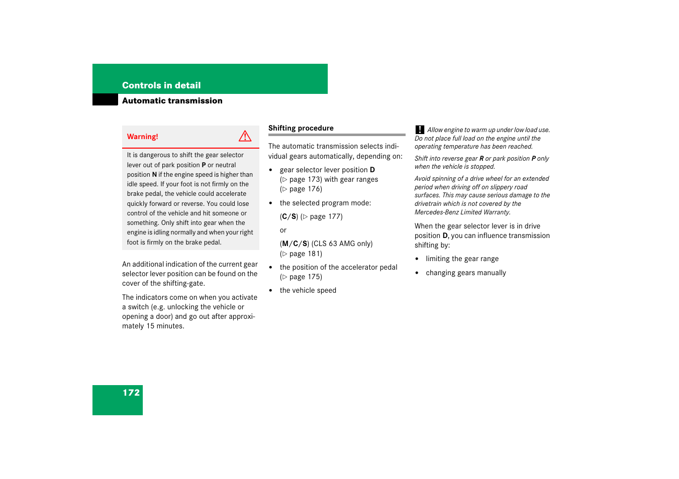 Gear selector lever:position, Shifting procedure | Mercedes-Benz CLS-Class 2007 Owners Manual User Manual | Page 173 / 481