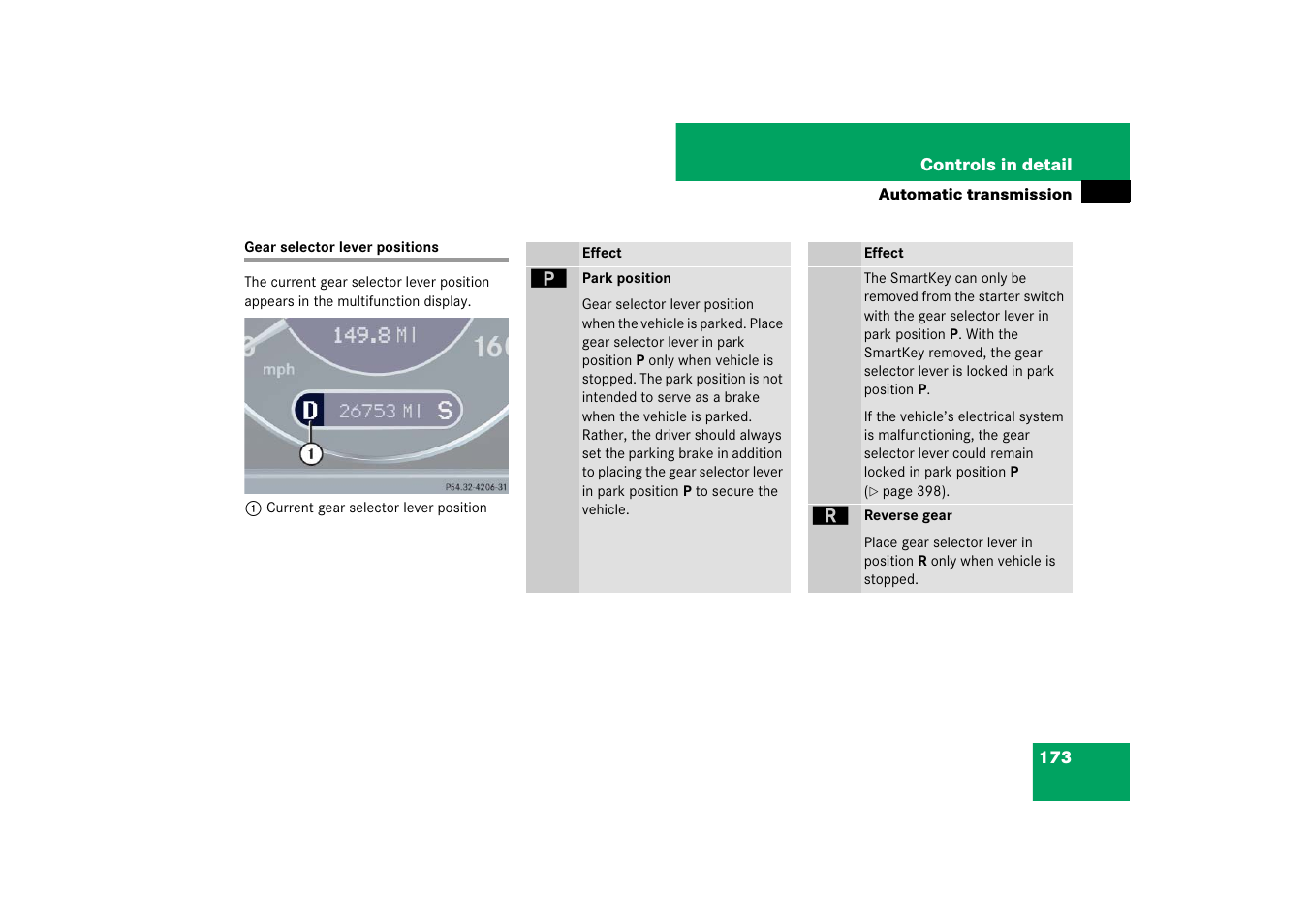 Gear selector lever positions | Mercedes-Benz CLS-Class 2007 Owners Manual User Manual | Page 174 / 481