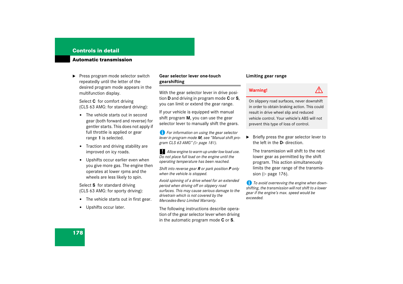 Gear selector lever one-touch gearshifting | Mercedes-Benz CLS-Class 2007 Owners Manual User Manual | Page 179 / 481