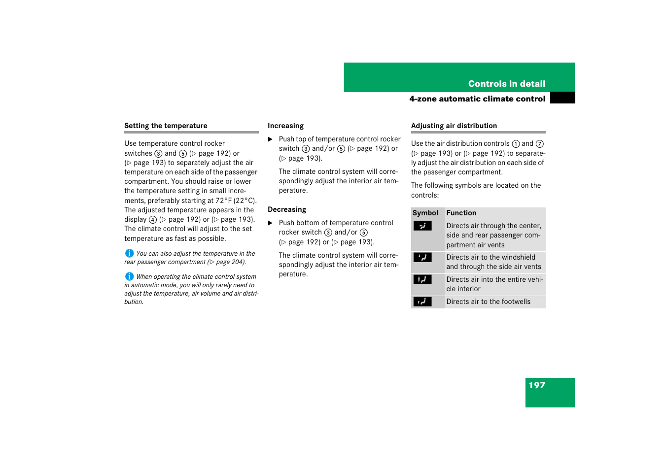 Setting the temperature adjusting air distribution | Mercedes-Benz CLS-Class 2007 Owners Manual User Manual | Page 198 / 481