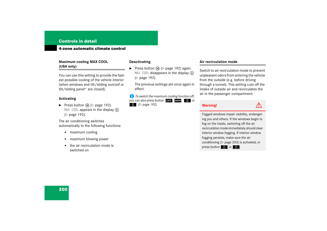 Climate control system:maximum cooling max cool | Mercedes-Benz CLS-Class 2007 Owners Manual User Manual | Page 201 / 481