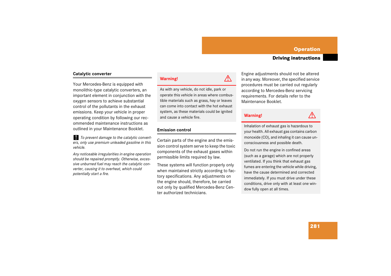 Catalytic converter, Emission control, Catalytic converter emission control | Mercedes-Benz CLS-Class 2007 Owners Manual User Manual | Page 282 / 481