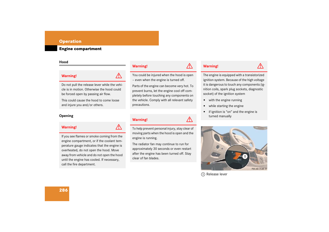 Engine:compartment, Hood, Engine compartment | Mercedes-Benz CLS-Class 2007 Owners Manual User Manual | Page 287 / 481