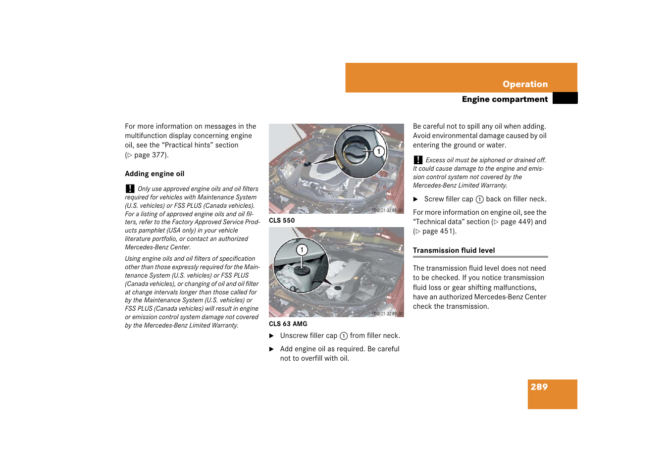 Transmission fluid level, See “adding engine oil | Mercedes-Benz CLS-Class 2007 Owners Manual User Manual | Page 290 / 481