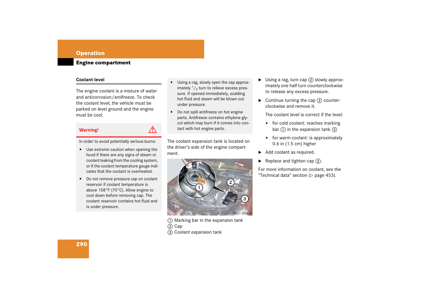 Coolant:checking level, Coolant level, Ant if necessary | L, see “coolant level | Mercedes-Benz CLS-Class 2007 Owners Manual User Manual | Page 291 / 481