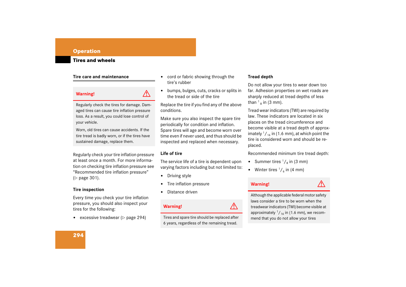 Tires:care and maintenance, Tire care and maintenance | Mercedes-Benz CLS-Class 2007 Owners Manual User Manual | Page 295 / 481