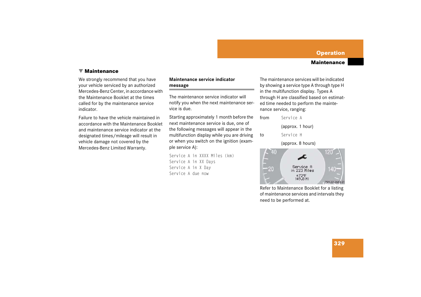 Maintenance service indicator message, Maintenance, Maintenance service indicator message | Mercedes-Benz CLS-Class 2007 Owners Manual User Manual | Page 330 / 481