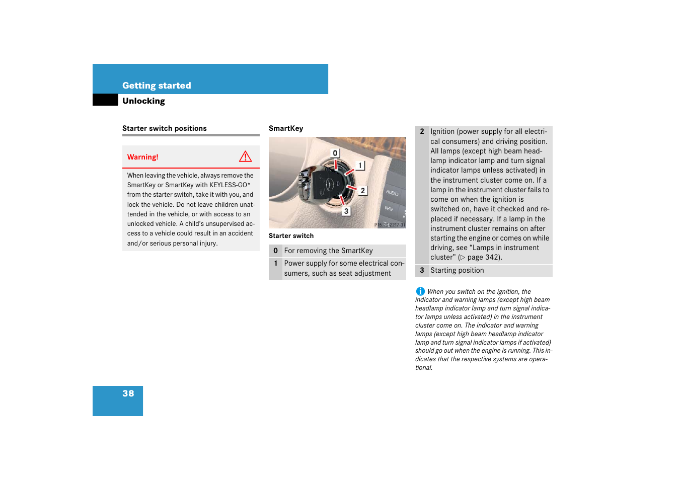 Starter switch positions | Mercedes-Benz CLS-Class 2007 Owners Manual User Manual | Page 39 / 481