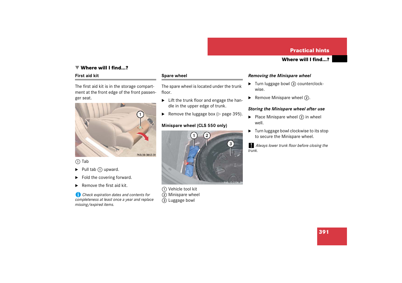 First aid kit, Spare wheel, Where will i find | First aid kit spare wheel, Hints” section | Mercedes-Benz CLS-Class 2007 Owners Manual User Manual | Page 392 / 481