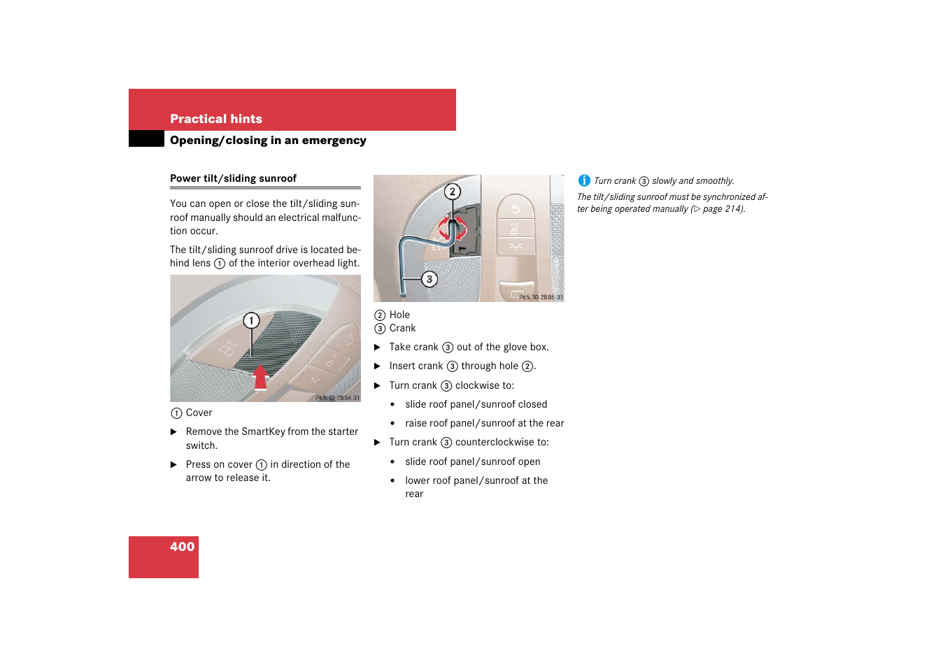 Opening/closing in an emergency, Power tilt/sliding sunroof, Osed manually | Mercedes-Benz CLS-Class 2007 Owners Manual User Manual | Page 401 / 481