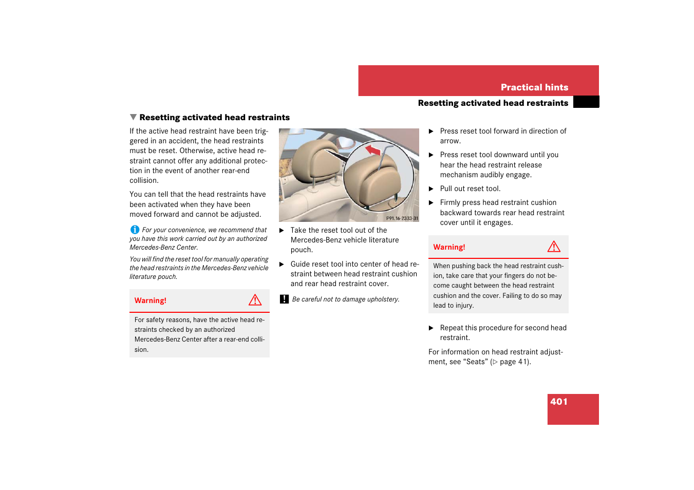 Active head restraints:resetting, Resetting activated head restraints, See “resetting acti- vated head restraints | Mercedes-Benz CLS-Class 2007 Owners Manual User Manual | Page 402 / 481