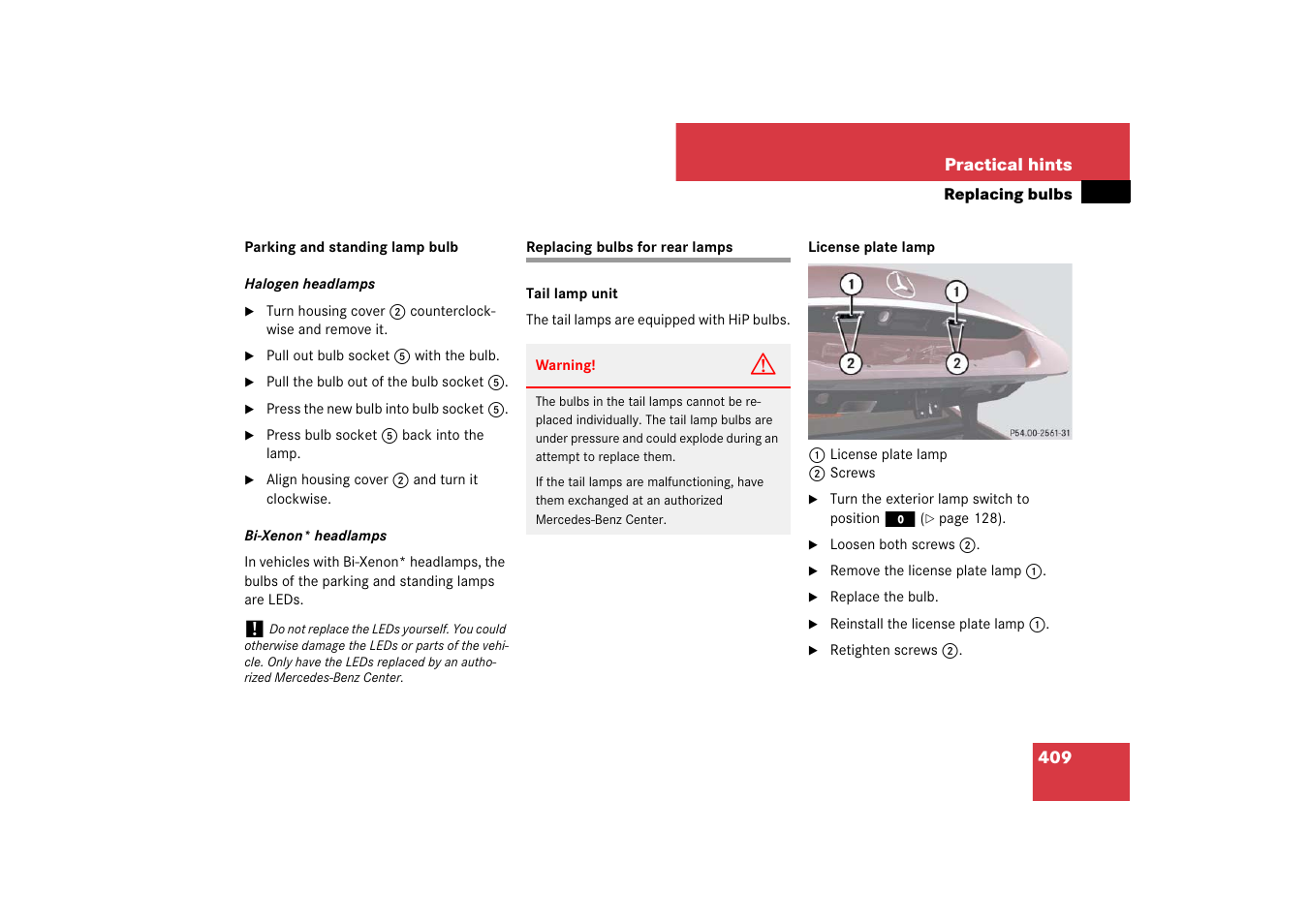 Replacing bulbs for rear lamps | Mercedes-Benz CLS-Class 2007 Owners Manual User Manual | Page 410 / 481