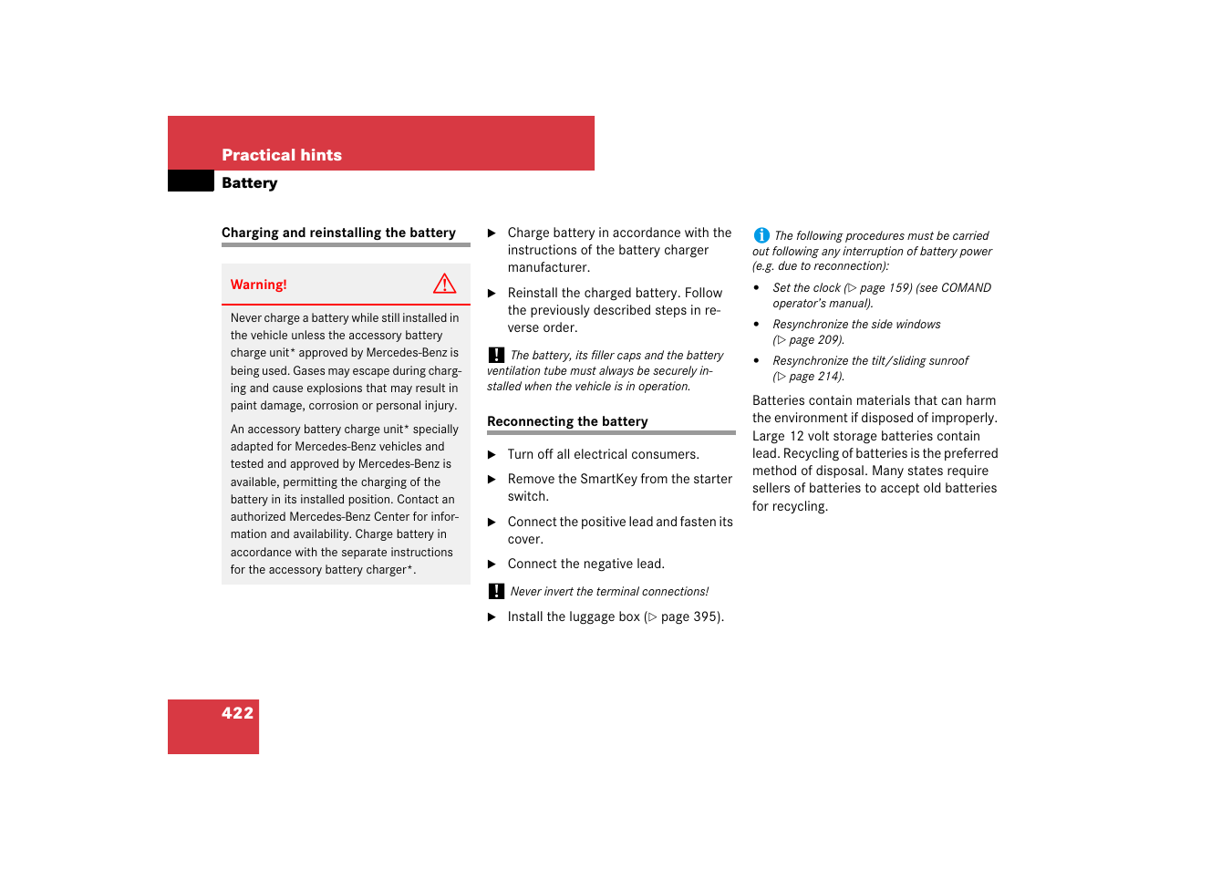 Batteries, vehicle:charging, Batteries, vehicle:reconnecting | Mercedes-Benz CLS-Class 2007 Owners Manual User Manual | Page 423 / 481