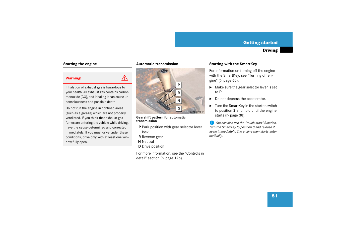 Key, smartkey:starting the engine, Starting the engine | Mercedes-Benz CLS-Class 2007 Owners Manual User Manual | Page 52 / 481