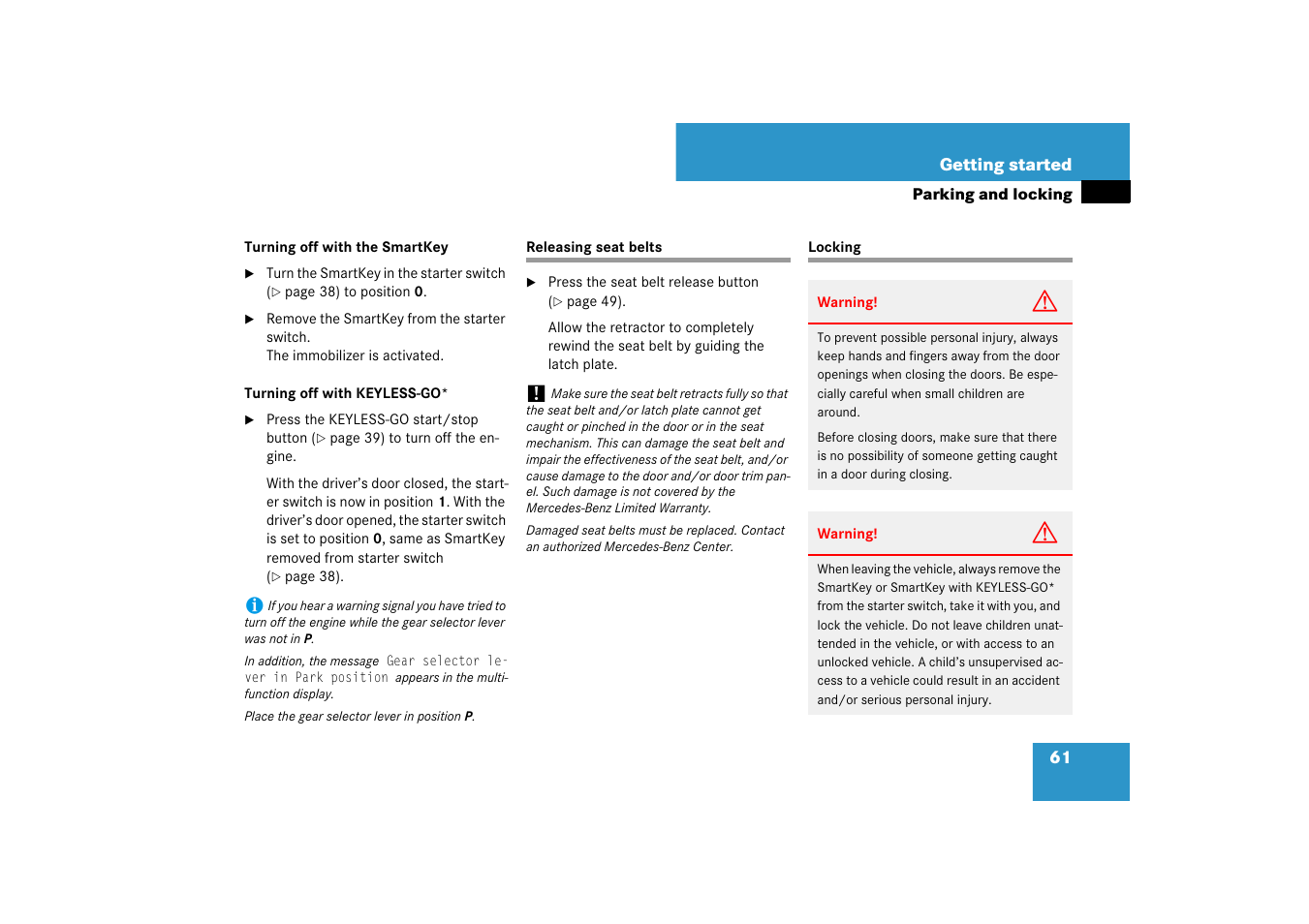 Releasing seat belts, Releasing seat belts locking | Mercedes-Benz CLS-Class 2007 Owners Manual User Manual | Page 62 / 481