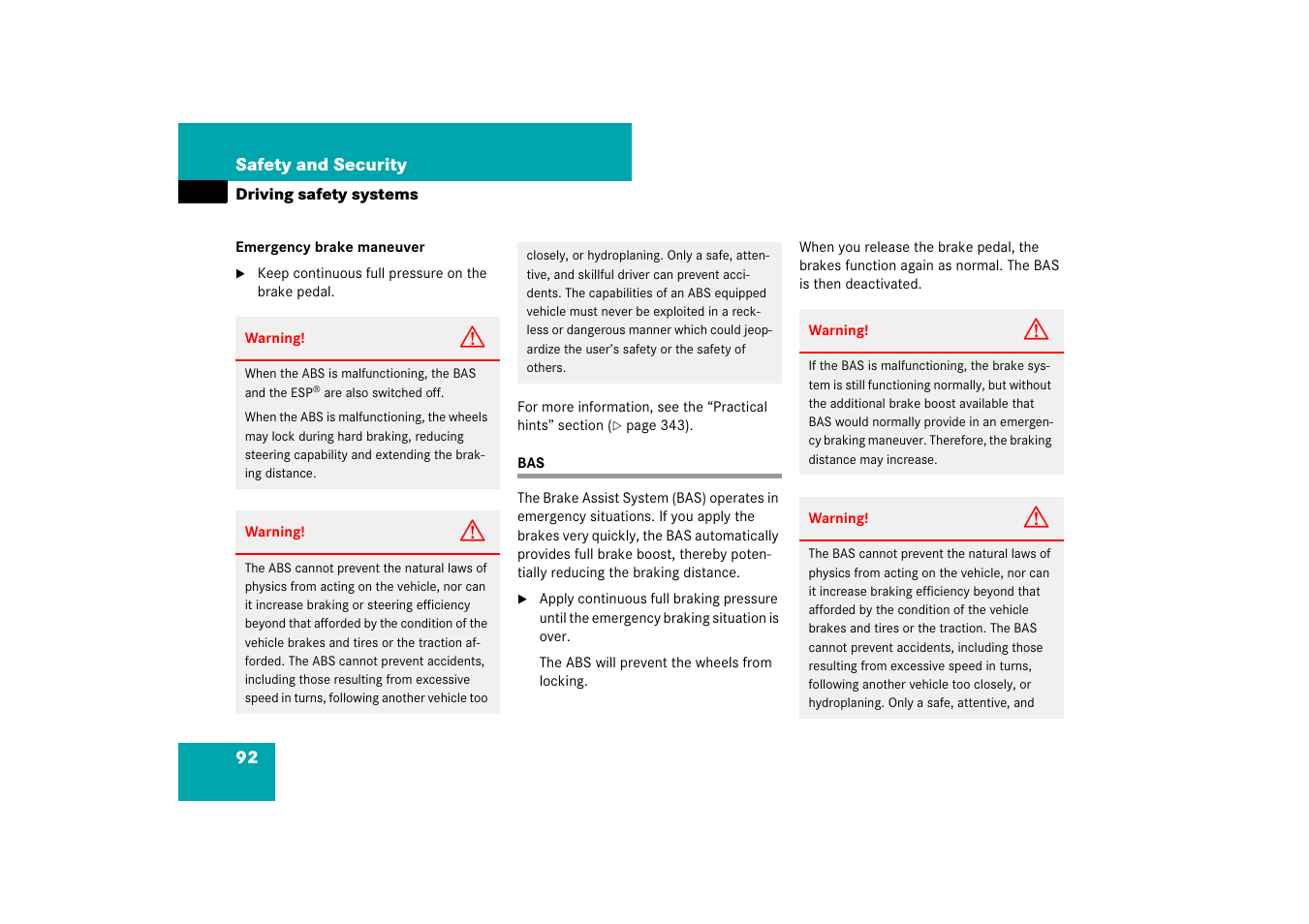 Driving safety systems:bas | Mercedes-Benz CLS-Class 2007 Owners Manual User Manual | Page 93 / 481