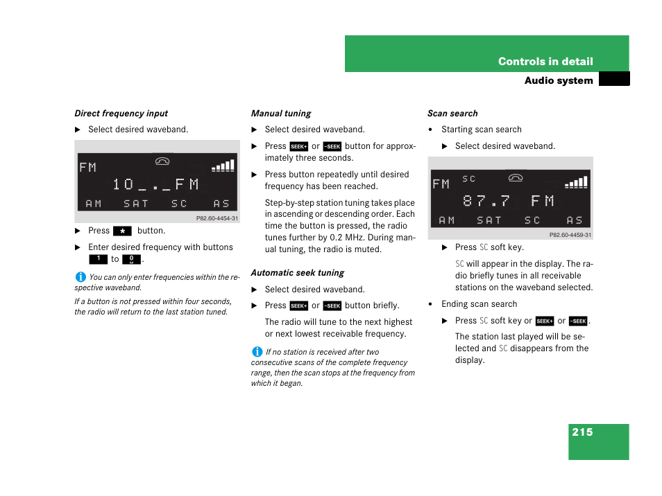 Frequency input, Seek tuning | Mercedes-Benz CLK-Coupe 2007 Owners Manual User Manual | Page 216 / 481