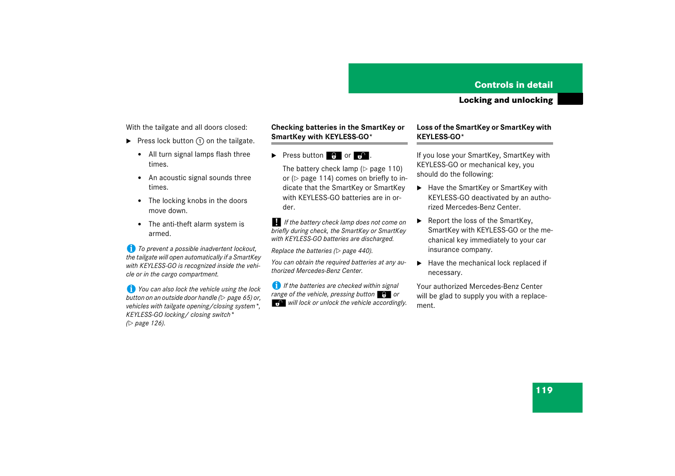 Key, smartkey with keyless-go*:loss of | Mercedes-Benz E-Wagon 2007 Owners Manual User Manual | Page 120 / 514