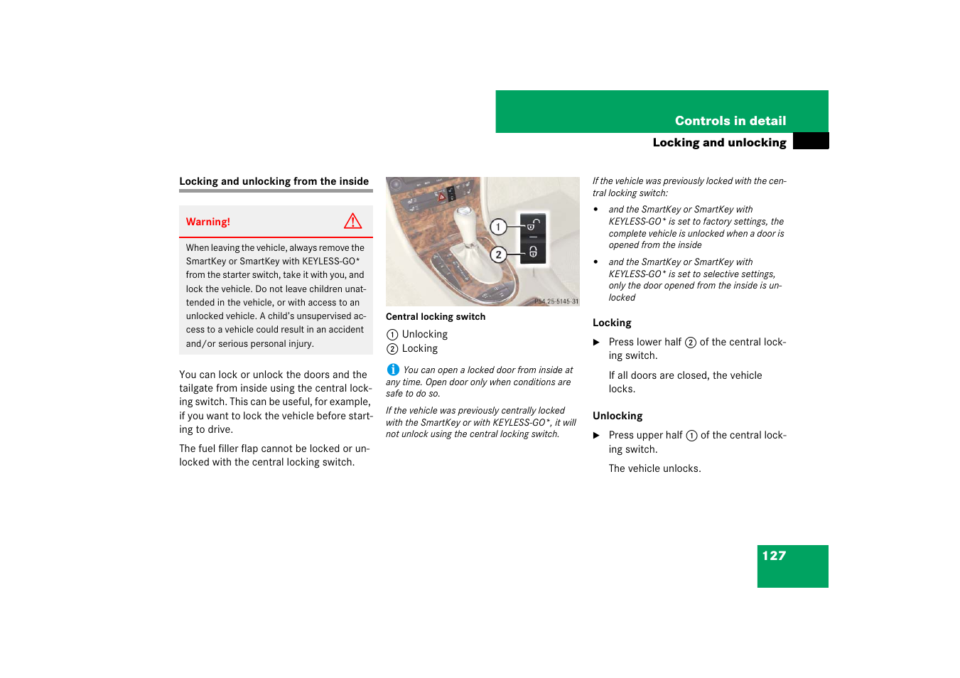 Locking and unlocking from the inside | Mercedes-Benz E-Wagon 2007 Owners Manual User Manual | Page 128 / 514