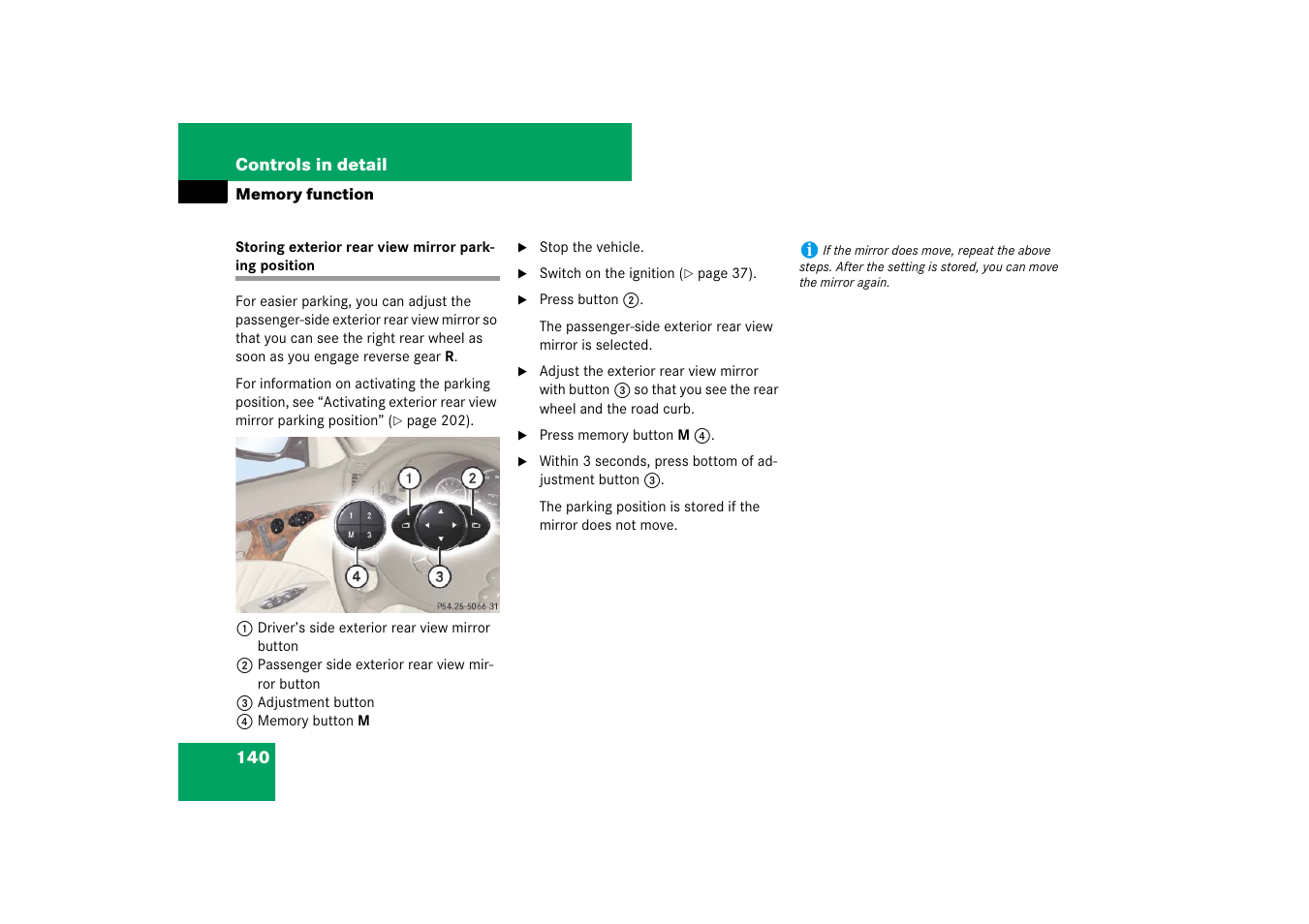 Parking position:exterior rear view mirrors, Storing exterior rear view mirror parking position | Mercedes-Benz E-Wagon 2007 Owners Manual User Manual | Page 141 / 514