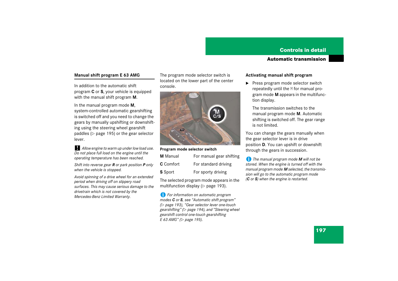 Manual shift program e63amg, Manual shift program e 63 amg, See “manual shift pro- gram e 63 amg | See “man- ual shift program e 63 amg | Mercedes-Benz E-Wagon 2007 Owners Manual User Manual | Page 198 / 514
